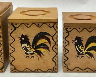 VTG. DOVETAILED WOOD ROOSTER CANISTER SET