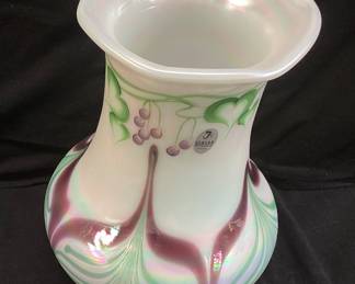 FENTON LTD. #871 of 950 OPAL VASE HAND PAINTED BY CHRISTY RIGGS, DESIGNED BY DAVE FETTY & MARTHA REYNOLDS, WITH FENTON BOX, 8.5in