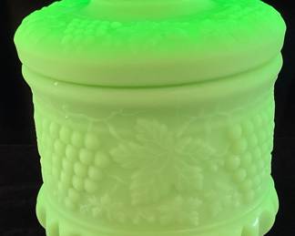 FENTON URANIUM SATIN GLASS TOBACCO JAR, 7.5"