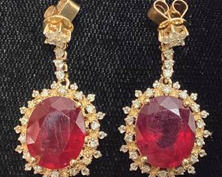 14KT YELLOW GOLD GLASS FILLED RUBY & DIAMOND EARRINGS, 14.77cts RUBIES, 0.83cts DIAMONDS, 7.3g TOTAL WEIGHT, AIGL APPRAISAL $8,032.00