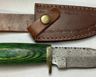 SHORT DAMASCUS BLADE HUNTING KNIFE w LEATHER