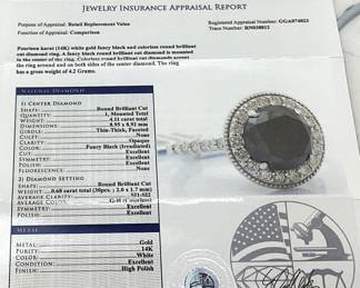 14KT WHITE GOLD FANCY BLACK & COLORLESS DIAMOND RING, SIZE 6.75, 4.11ct FANCY BLACK, 0.68cts DIAMONDS, 4.2g TOTAL WEIGHT, GGA APPRAISAL $8,730.00