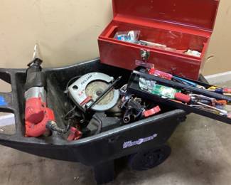 GARDEN CART w ASSORTED TOOLS, TOOLBOX, CIRCULAR SAW, SAWZALL, CAR JACK & STANDS, HAND TOOLS
