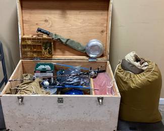 WOOD TRUNK FULL OF CAMPING & FISHING GEAR