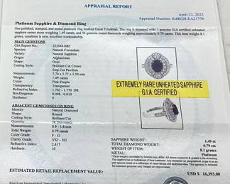 PLATINUM SAPPHIRE & DIAMOND RING, SIZE 6.75, EXTREMELY RARE G.I.A. UNHEATED SAPPHIRE, 1.49ct SAPPHIRE, 0.79cts DIAMONDS, 8.1g TOTAL WEIGHT, AIGL APPRAISAL $16,393.00