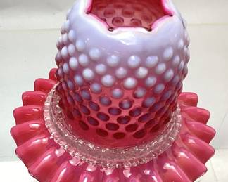 FENTON CRANBERRY OPALESCENT HOBNAIL FAIRY LAMP, 3 PIECE