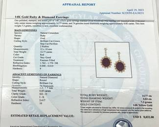 14KT YELLOW GOLD GLASS FILLED RUBY & DIAMOND EARRINGS, 14.77cts RUBIES, 0.83cts DIAMONDS, 7.3g TOTAL WEIGHT, AIGL APPRAISAL $8,032.00