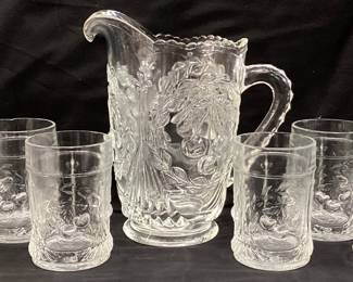 L.G. WRIGHT CHERRY PATTERN PITCHER & 8 TUMBLERS