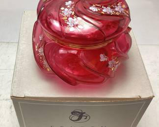 FENTON CONNOISSEUR CRANBERRY WAVE CREST CANDY DISH PUFF BOX LTD. #565/2000 With FENTON BOX, SIGNED ARTIST BY S. JACKSON
