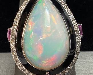 PLATINUM OPAL, SAPPHIRE, & DIAMOND RING, SIZE 8.25, 11.32ct OPAL, 2.18ct SAPPHIRE, 0.6ct DIAMONDS, 18.9g TOTAL WEIGHT, GGA APPRAISAL $19,370.00