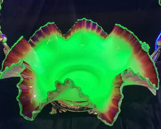 RARE ANTIQUE (LATE 1800s) 11’’ MT. WASHINGTONURANIUM BRIDES BOWL WITH CRANBERRY RUFFLED EDGE & SILVERPLATE BASKET HOLDER