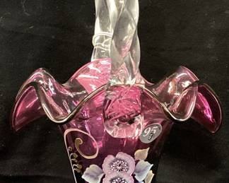 FENTON #1384/1950 MULBERRY PLUM BLOSSOMS BASKET, SIGNED, 10"