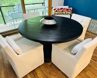 Arhaus Kensington round dining table; Restoration Hardware Belgian Low Track slipcovered dining chair (5)