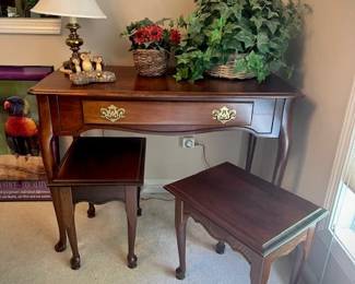 Queen Anne Style solid cherry table with two bench seats.