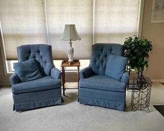 Blue highback swivel chairs...you like this floral lamp but you want 2, don't worry we have a pair!
