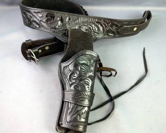 Tooled Leather Holster On Matching Leather Belt With Cartridge Loops, Marked '40 Cal 45'