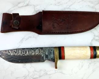The Bone Collector Damascus Fixed Blade Knife, 6.25" Blade, In Tooled Leather Sheath