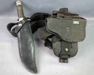 UTG Leg Holster On Web Belt, And Survival Fixed Blade Knife In Leather Sheath