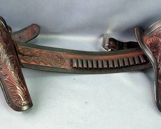 Tooled Leather Holsters Qty 2, On Matching Leather Belt With Cartridge Loops, Made By Classic Old West Style, Marked 'L' And '38'