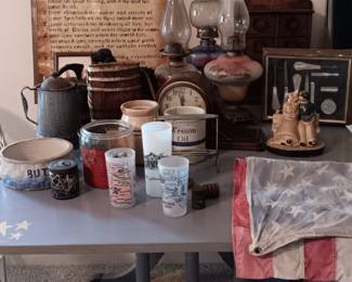 Vintage oil lamps, crocks, souvenir glasses