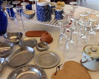 Pewter serving pieces, loads of stemware & glassware, unique bowls
