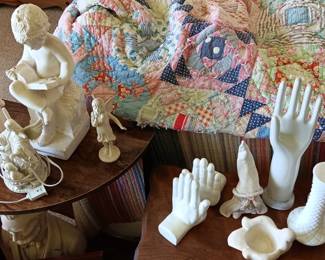 White colllectibles, vintage quilt for repurposing