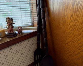 Wooden Hand Carved Large Fork and Spoon Kitchen Decor