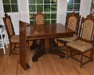 Heavily Carved Gryphon Table and Chais