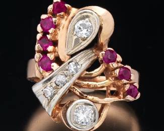 Ladies Mid Century Gold, Ruby and Diamond Ring