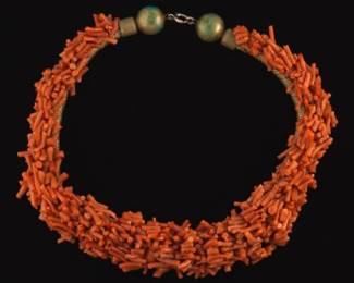 Tibetan Ormolu Brass and Coral Branches Choker
