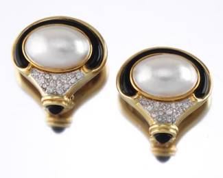 Ladies Mabe Pearl, Diamond and Onyx Earrings