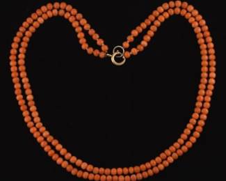 Ladies Retro Gold and Coral Beads DoubleStrand Necklace