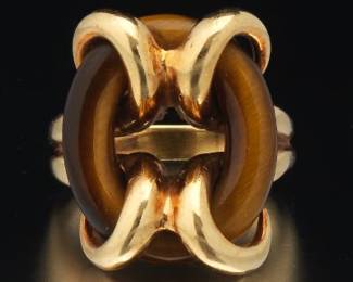 Ladies David Webb Style Gold and carved Tigers Eye Ring