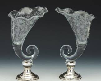 Sheffield Gilded Age Pair of Sterling Silver and Etched Glass Cornucopias