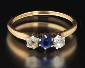 Ladies Antique Gold, Blue Sapphire and Diamond Ring