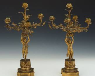French Empire Pair of Large dOre Bronze FiveLight Figural Candelabra, ca. 19th Century