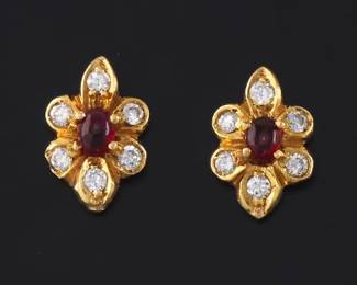 Ladies Pair of Gold, Diamond and Ruby Earrings
