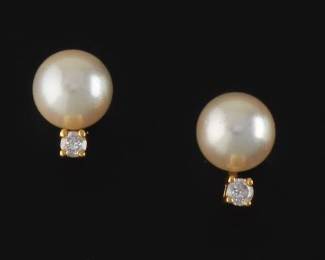 MIikimoto Pair of 18K Gold, Pearl and Diamond Ear Studs, Boxes