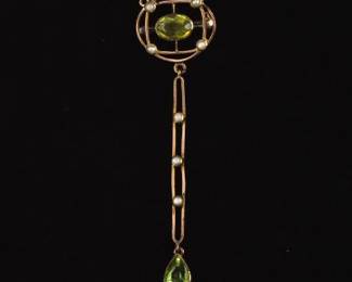 Ladies Art Nouveau Gold, Peridot and Seed Pearls Pendant