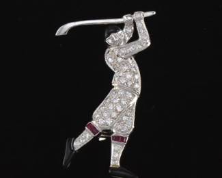 Ladies Platinum, Diamond, Enamel, and Ruby Golfer Brooch