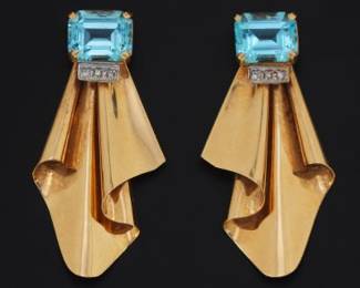 Ladies Pair of Gold, Blue Topaz and Diamond Draped Earrings