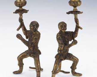 Pair of Brass Figural Monkey Candlesticks, Probably Continental, Early 20th Century