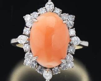 Ladies Italian Gold, Angel Skin Coral and Diamond Ring