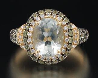Ladies Gold, Green Beryl and Diamond Ring