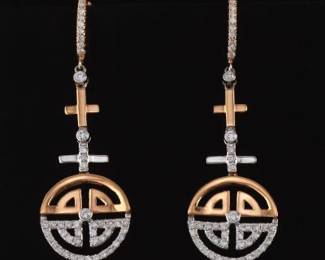 Ladies Pair of TwoTone Gold and Diamond Dangle Double Happiness Earrings