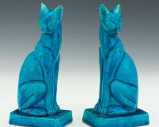 A Pair of Chinese Turquoise Glazed Ceramic Cat Figures, Republic Period