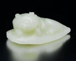 Chinese Carved Celadon Jade Kitten on a Leaf Ornament