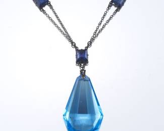Art Deco Blackened Sterling Silver and Blue Sapphire Color Venetian Glass Necklace