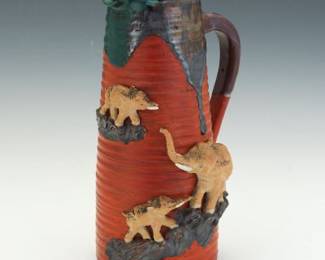 Sumida Gawa Elephant Relief Pottery Pitcher, Japan, Mid20th century