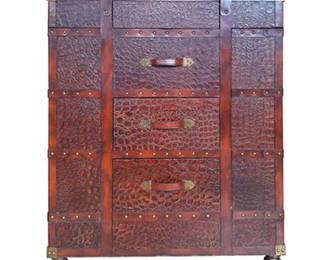 MaitlandSmith Wood, Metal and Leather Bar Cabinet, Imitation of Travel Trunks
